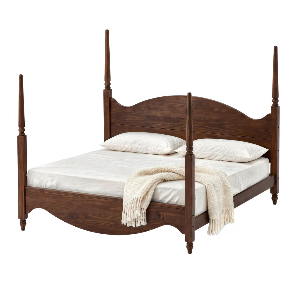 Brixton Solid Pine Wood Four-Poster Bed, Arched Headboard, Walnut