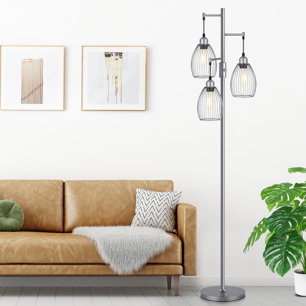 Dimmable Industrial Floor Lamps, Gray Tree Standing Tall Lamps with 3 Elegant Teardrop Cage Head & 800 Lumens LED