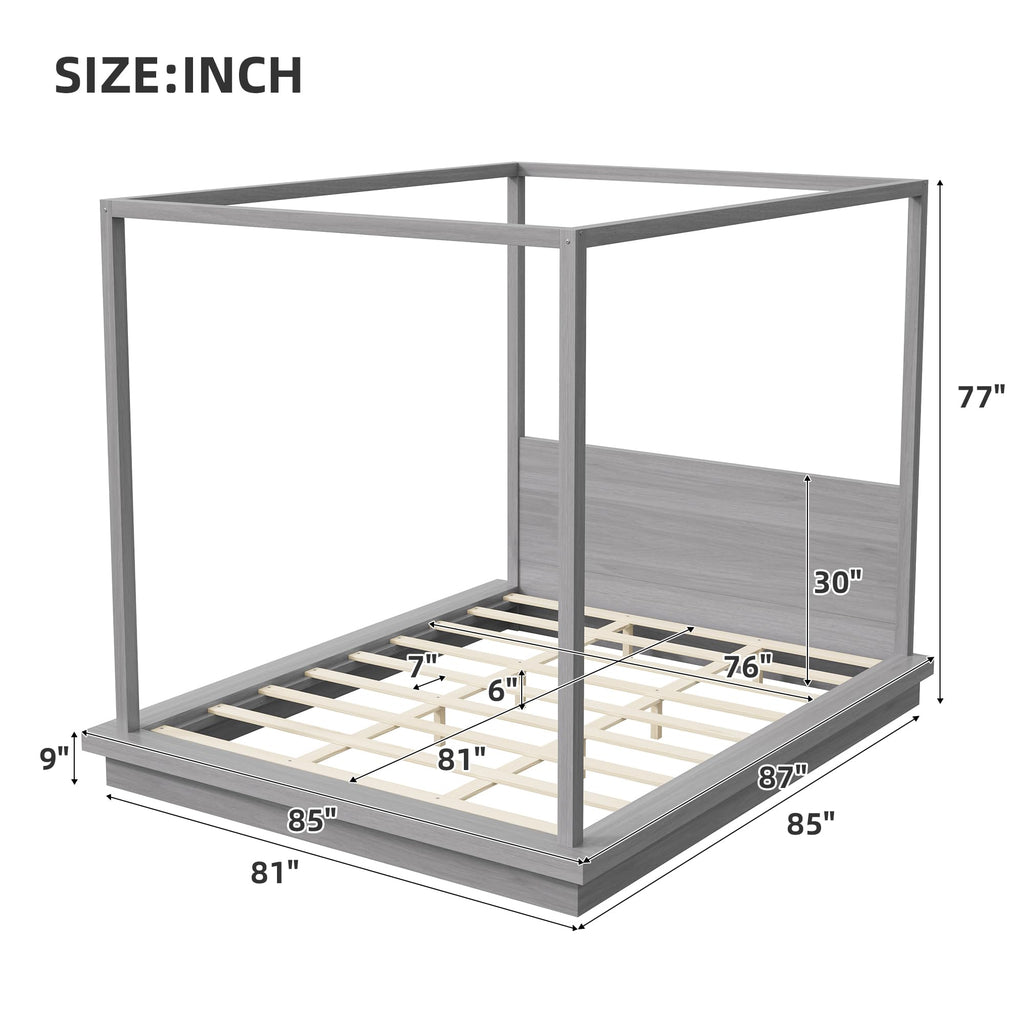 Wooden Canopy Bed Frame Gray Vintage Rustic