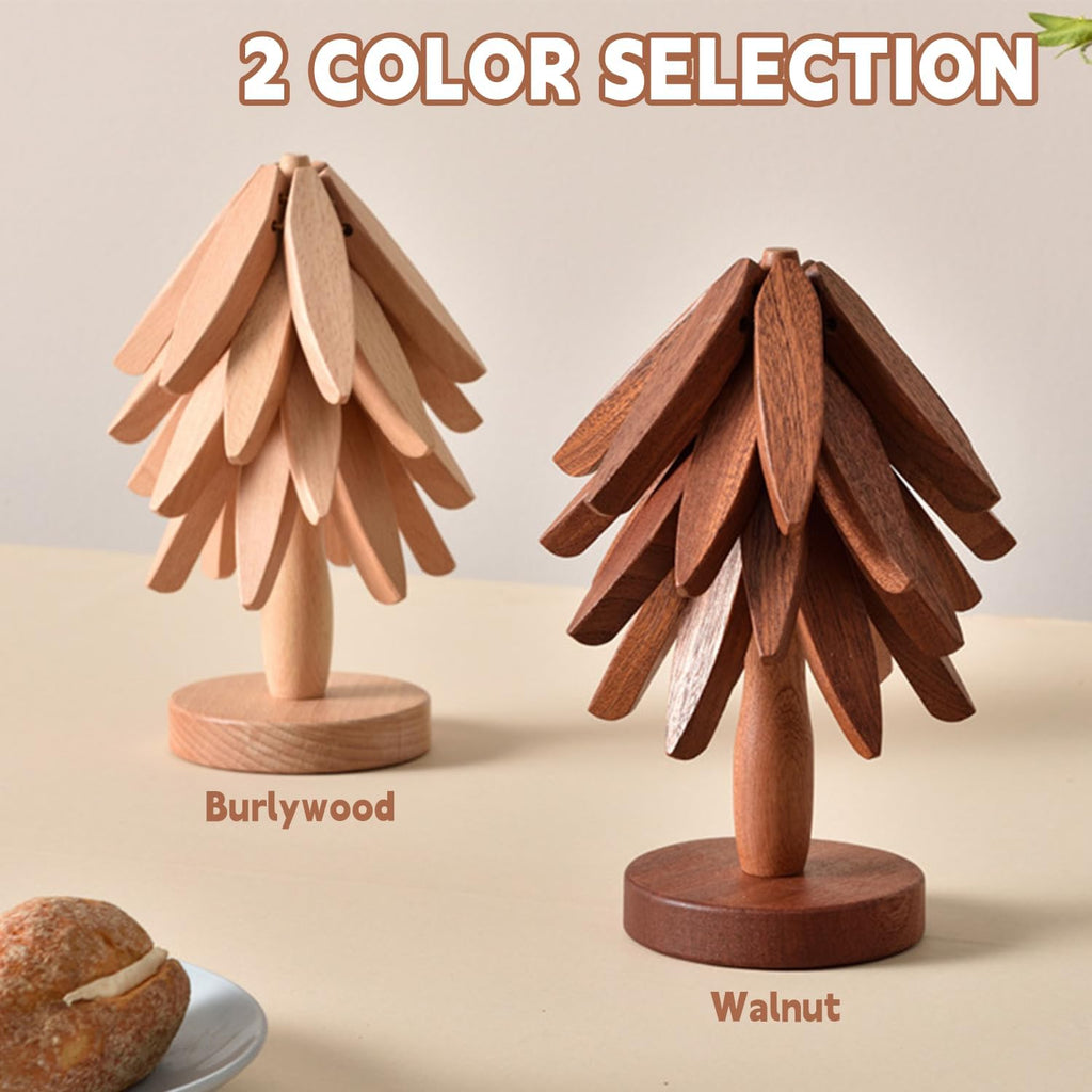 Wooden Trivets for Hot Dishes, Tree Shape Trivet Set, 4 Walnut Wood + 1 Stand stored Like a Christmas Tree,Foldable