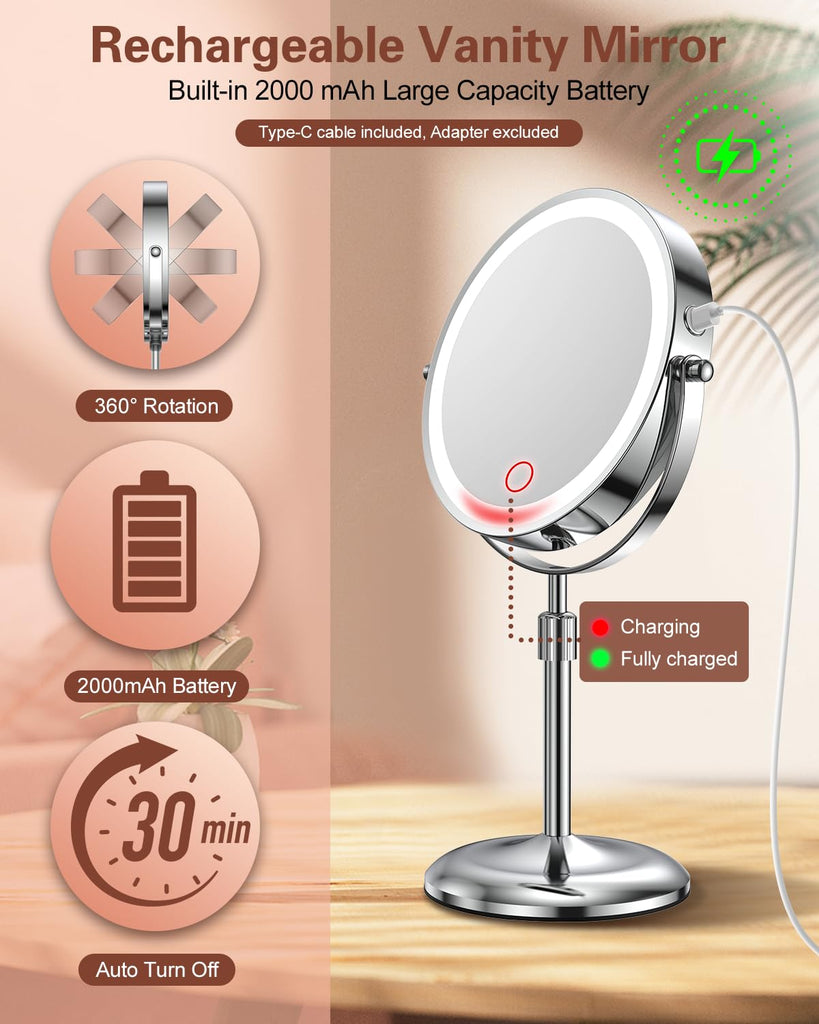 7" Lighted Makeup Mirror with Magnification 10X, Height Adjustable,3 Lights