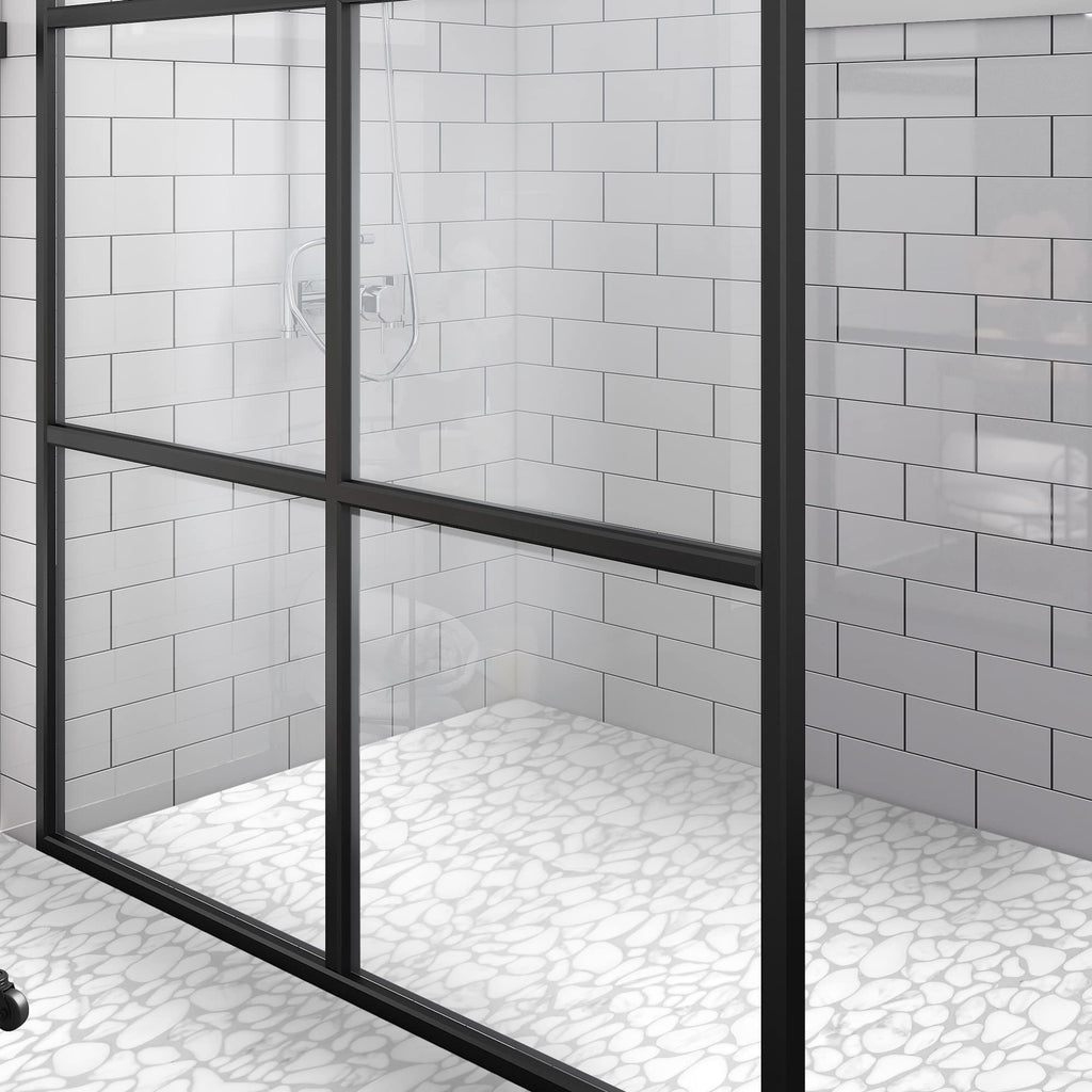 Pebble Tile for Shower Floor Border Kitchen Bathroom Backsplash, Carrara White Recycled Glass Marble Stone