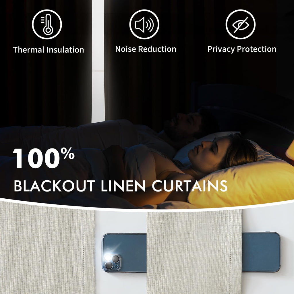 Linen Pinch Pleated 100% Blackout Curtains for Bedroom 84 Inch Long 2 Panels Set - Back Tab Track Cream Black Out