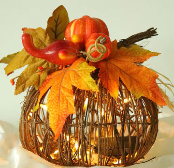 8 Inch Lighted Pumpkin Fall Decor - LED Thanksgiving Decoration with Maple Leaves, Berries, and Pumpkin, Autumn