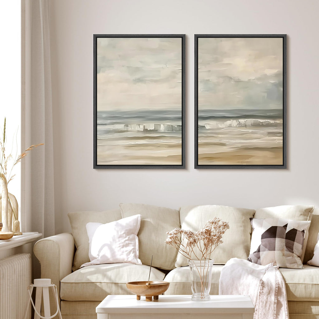 Framed Canvas Print Wall Art Set Beach Ocean with Waves and Sky, Neutral Blue and Beige Seascape Illustrations Modern