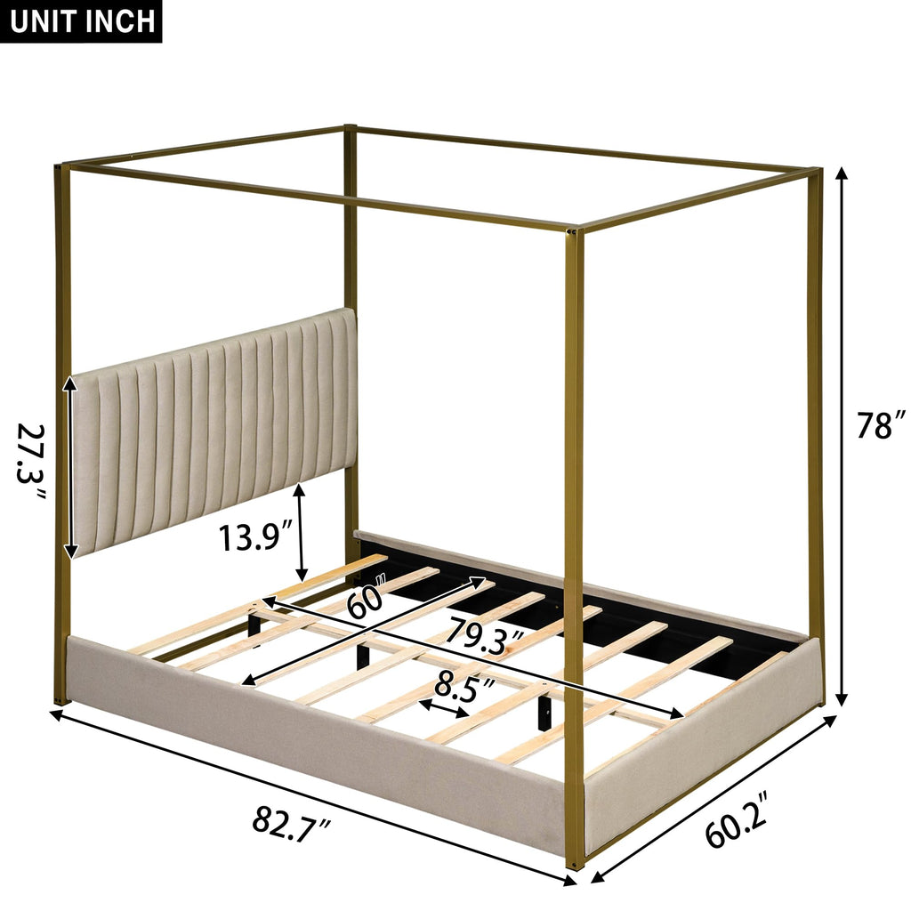 Modern 4-Poster Canopy Platform Bed Queen Size with Channel Upholstery Tufted Headboard, Gold Metal Canopied Design