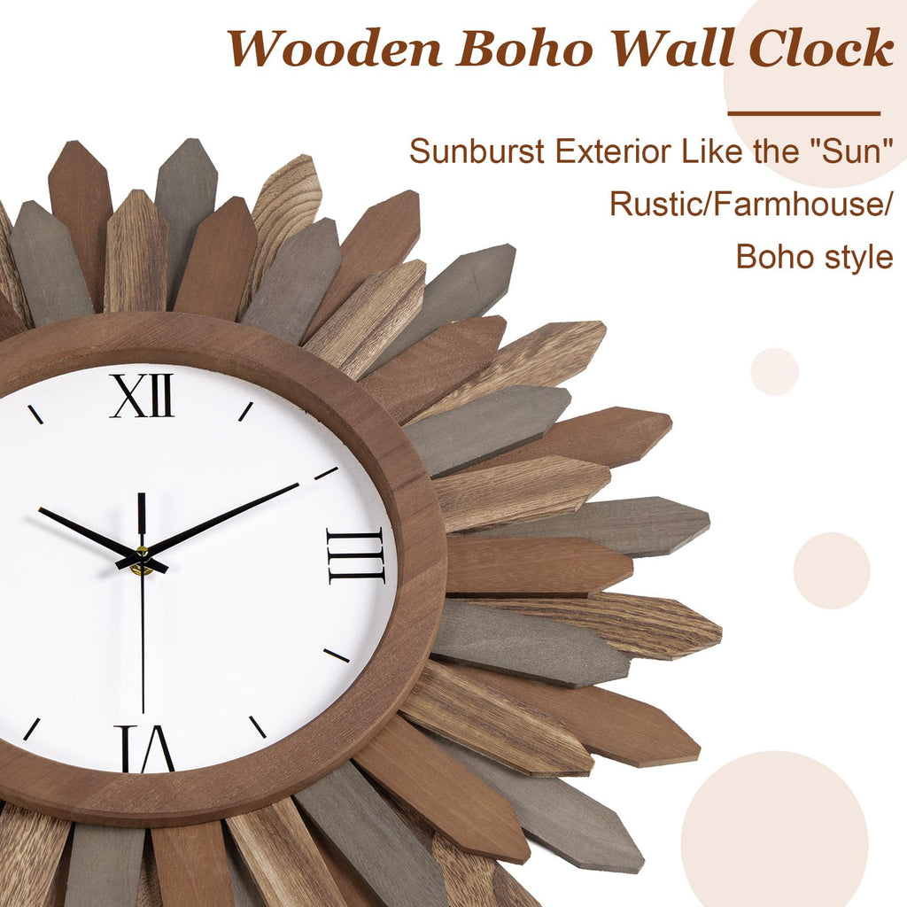 24 Inch Large Wall Clock Battery Operated Silent Rustic Wood Boho Sunburst Decorative Wall Clocks Kitchen Bedroom