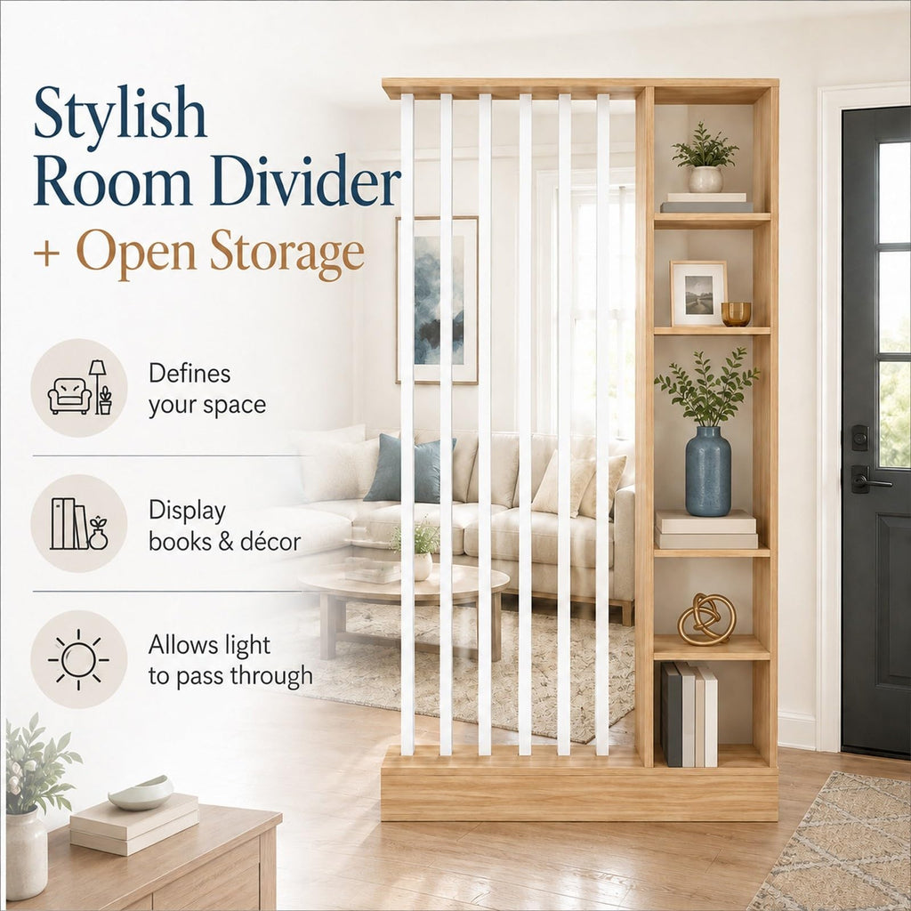 Wood Room Divider with Storage Shelves Freestanding Slat Partition Shelf