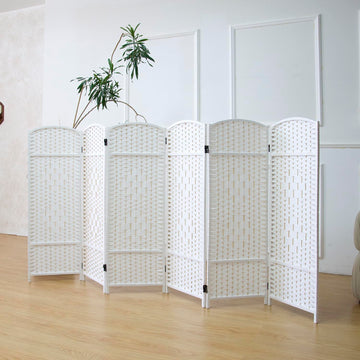 6 Panel Rattan Divider Short Room Partition Screen, Double Sided Folding Divider for Room Separation, White, 47.2" H x