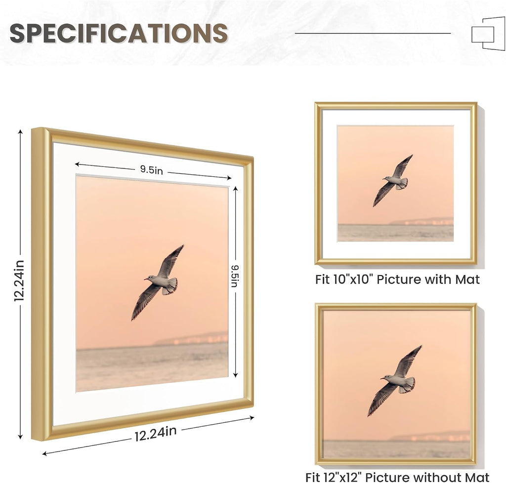 12x12 Gold Picture Frame, 12 x 12 Metal Frame Set of 3, Modern Gold Aluminum Frames with Tempered Glass, Matted to