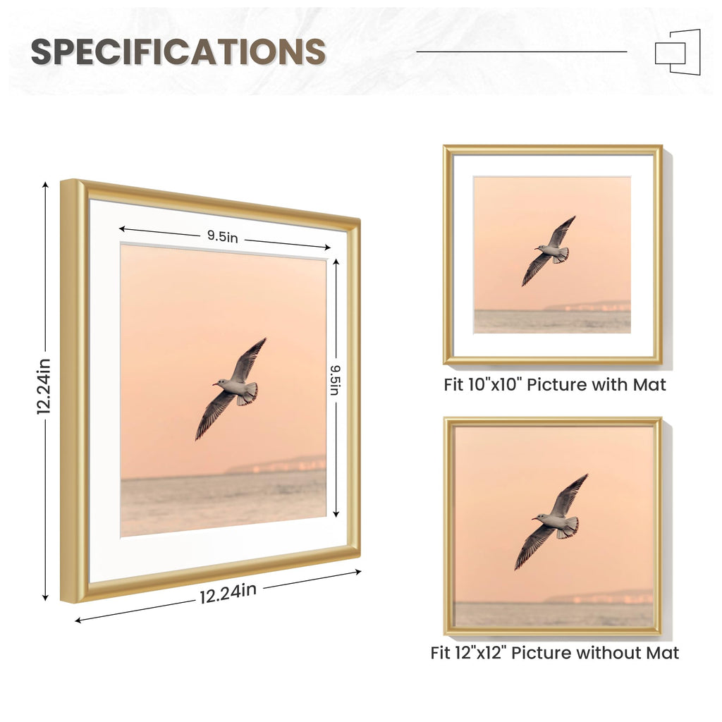 12x12 Gold Picture Frame, Square 12 x 12 Photo Frame for Wall Gallery, Metal Picture Frame 12x12 with Real Glass