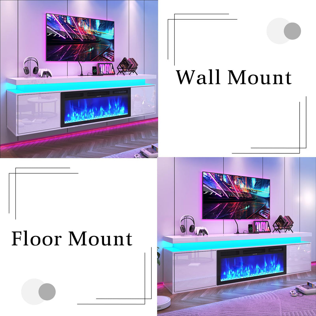 70" Floating w/ 36" Fireplace Up to 80" TVs, High Gloss LED Fireplaces TV Stand Entertainment Center for 70/75+/80