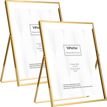 Gold 8x10'' Floating Frame Set of 2, For Photo Sizes (4x 6'', 5x7, 7x9''), Metal Frames for Tabletop/Shelf