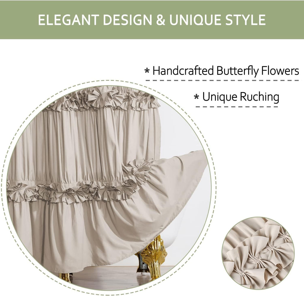 Camel Ruffle Stall Shower Curtain, Vintage Handcrafted Bow Tie Bath Curtain for Master Bathroom, Ruched Microfiber