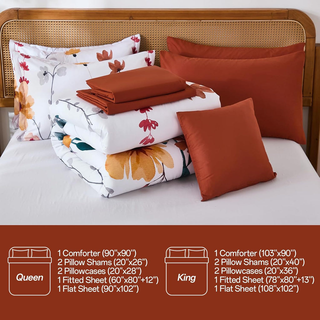 8-Piece King Comforter Set, Orange Watercolor Floral Bed in a Bag with Sheets and Pillowcases