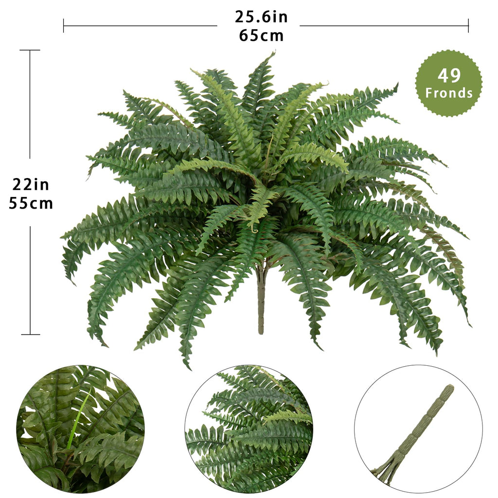 Fake Ferns 25.6" Dia. Large Faux Boston Ferns for Outdoor Planters, 49 Fronds Realistic Artificial Fern Plant for