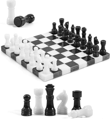 Marble Chess Set for Adults 10 Inch Handmade Black and White Board Game with 32 Chess Pieces 2 Extra Queens Luxury