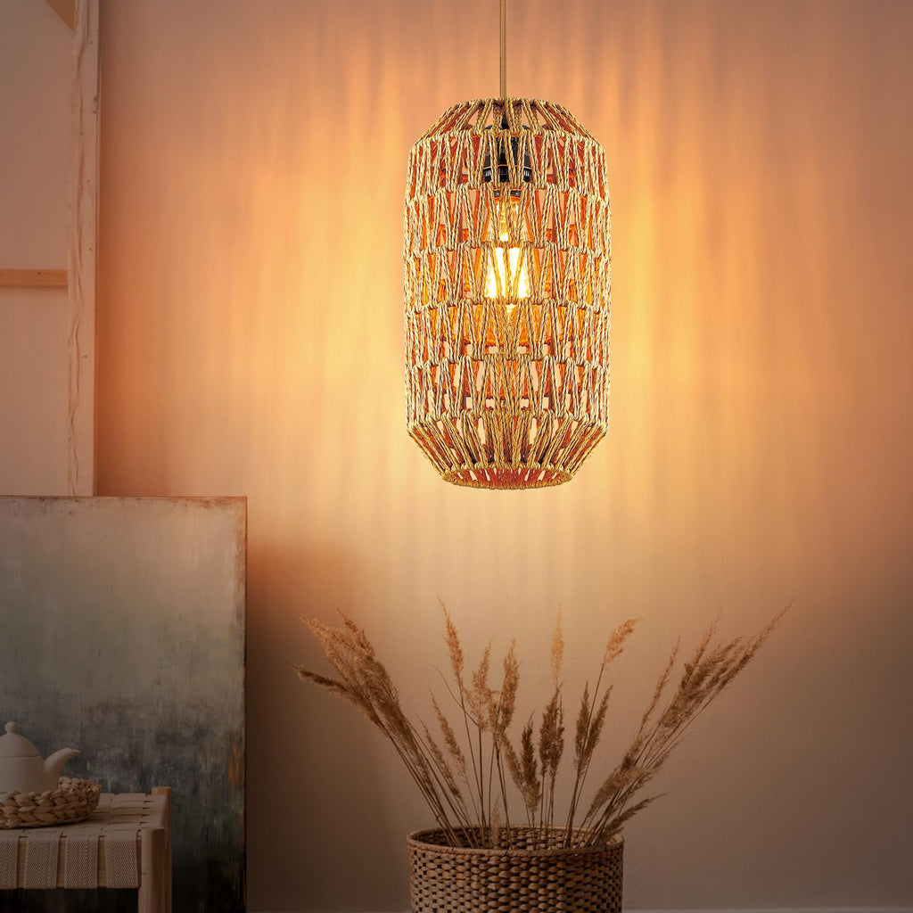 Boho Plug in Pendant Light Rattan Hanging Lights with 15FT Cotton Cord & Stepless Dimming Switch, Woven Wicker Basket