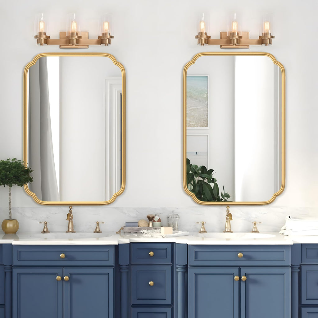 Gold Bathroom Mirror for Wall 20" x 30" Modern Rounded Corner Rectangle Mirror with Non-Rusting Iron Metal Framed