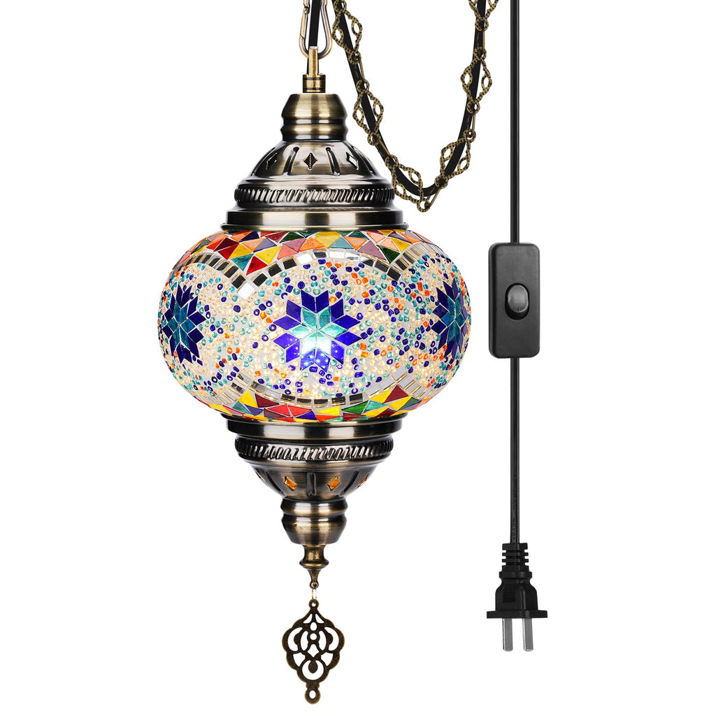 7.2"D Turkish Moroccan Mosaic Hanging Pendant Lamp Plug-in &15ft Cord
