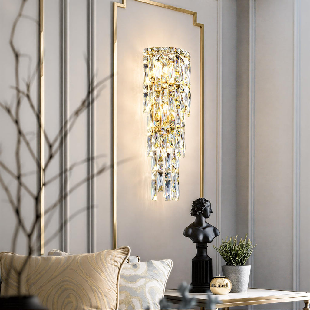 Modern K9 Crystal Wall Sconce,Gold Finish Wall Light Fixture Acrylic Crystal Drops Wall Lamp Bedside Light 3 Tiers