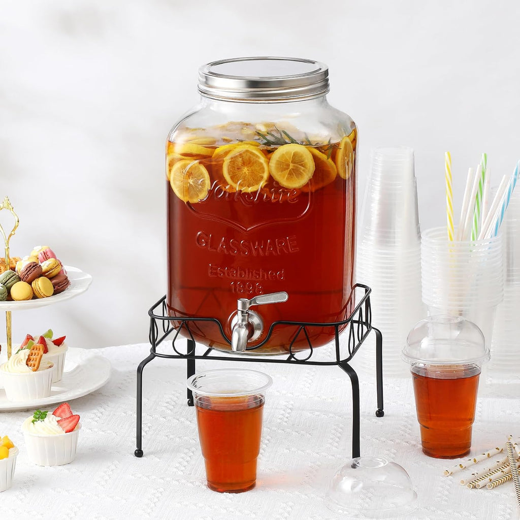 2 Gallon with Stand and Lid, 18/8 Stainless Steel Spigot - for Parties - Mason Jar Drink Dispensers with Lids