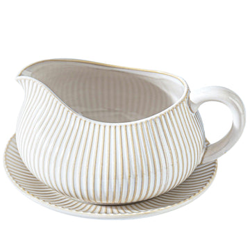 Gravy Boat with Saucer Stand, 24oz Ceramic Sauce Boat, Off-White, Stripes
