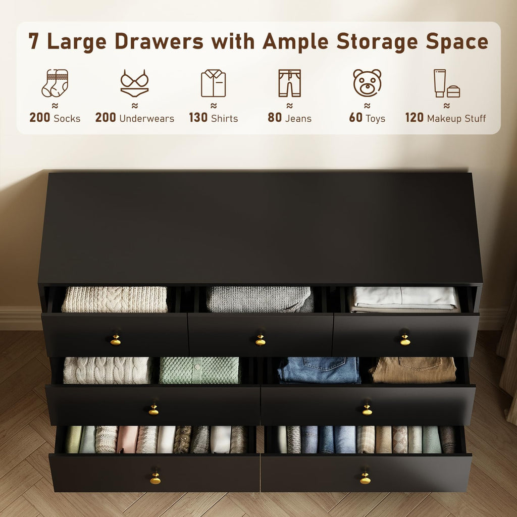Black Dresser, Modern 7 Drawer Dresser with Gold Handles and Metal Legs, Black and Gold Dressers & Chest of Drawers