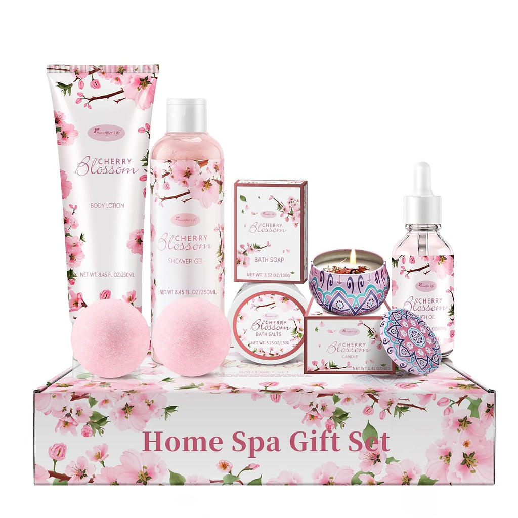 Bath and Body Gift Set for Women - Luxurious Home Spa Gift Set,Japanese Cherry Blossom 7-Piece Set Including Shower - Set of 7