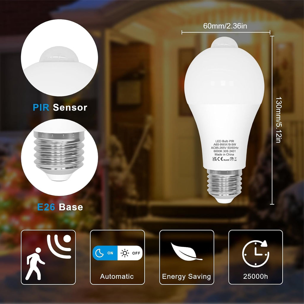Motion Sensor Light Bulbs Indoor Outdoor 60 Watt 6000K, 2 Pack