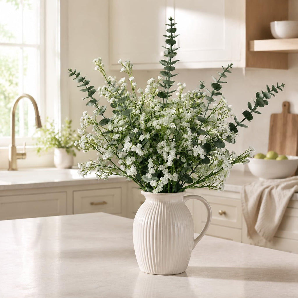 White Babys Breath Artificial Flowers with Fake Eucalyptus Leaves, 18Pcs