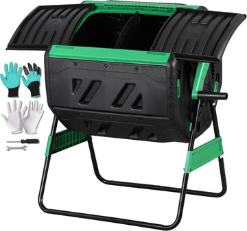 53 Gal Dual Chamber Compost Tumbler Outdoor - BPA-Free Rotating Composter with 8 Adjustable Vents, 2 Sliding Doors &