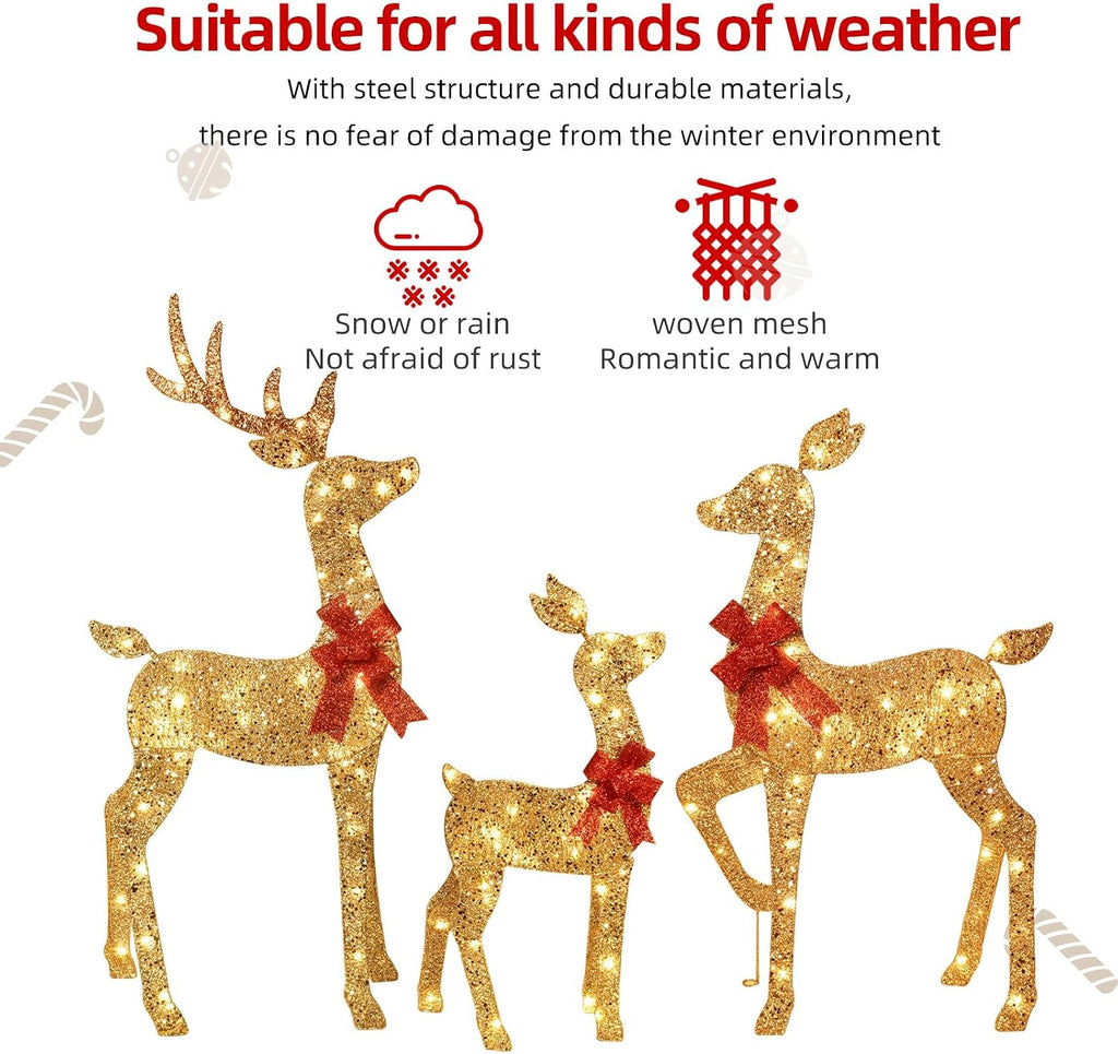3-Piece 2D Lighted Christmas Deer Family Set - Large Outdoor Yard Reindeer Holiday Decoration with 145 LED Lights