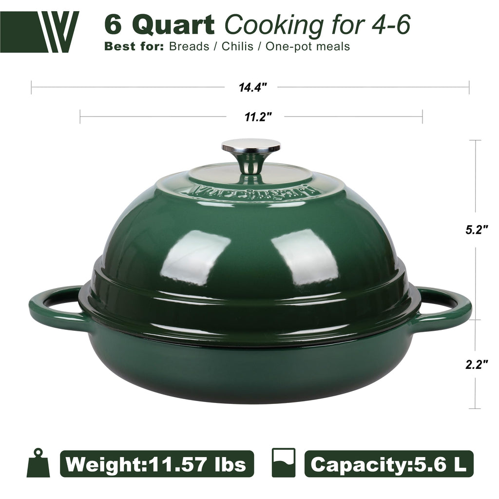 Cast Iron Enameled Dutch Oven Pot with Lid for Bread Baking, Bread Oven, 6 Quart, Dark Green