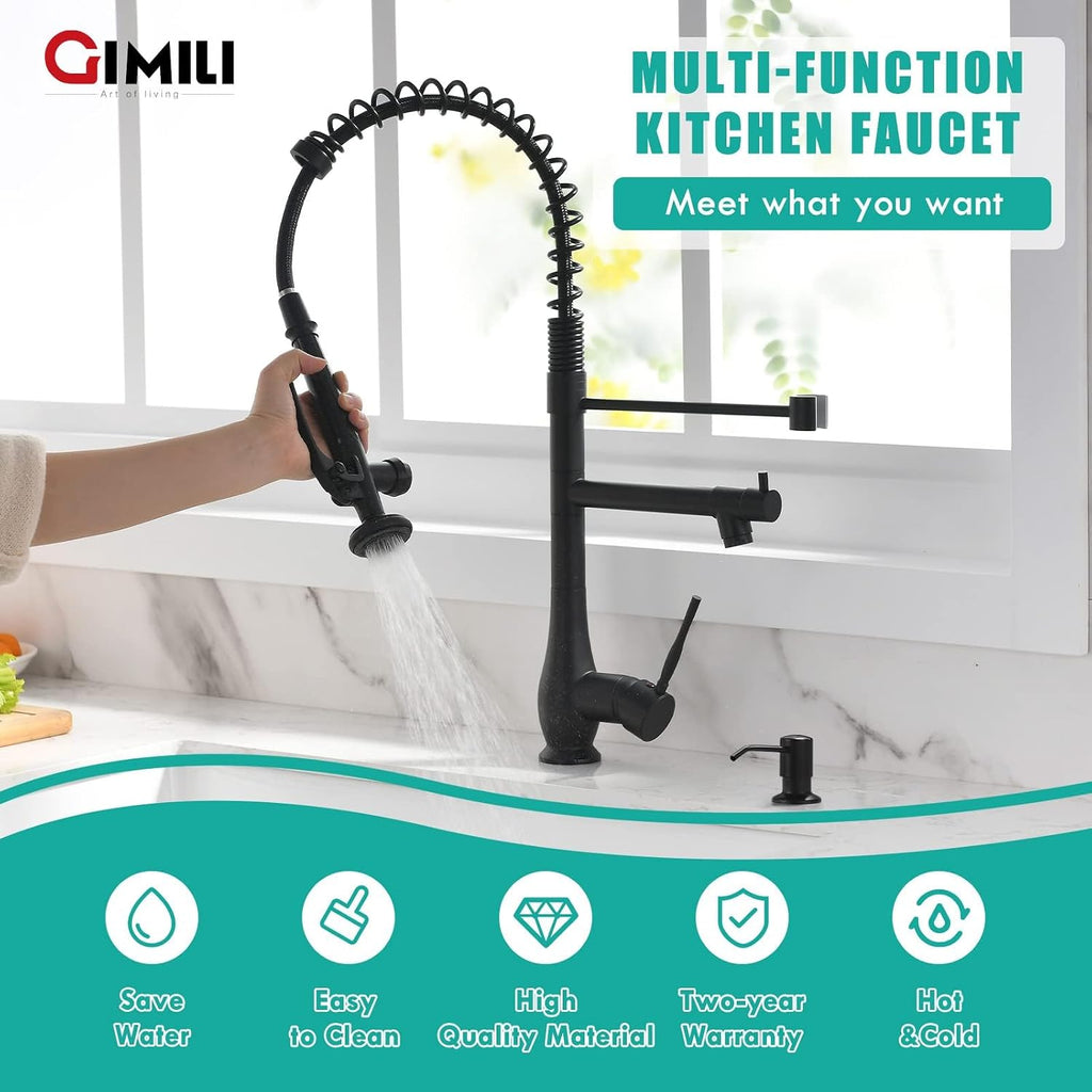 Matte Black Commercial Kitchen Sink Faucet with Soap Dispenser | High Pressure Double Headed Spray, Stainless Steel
