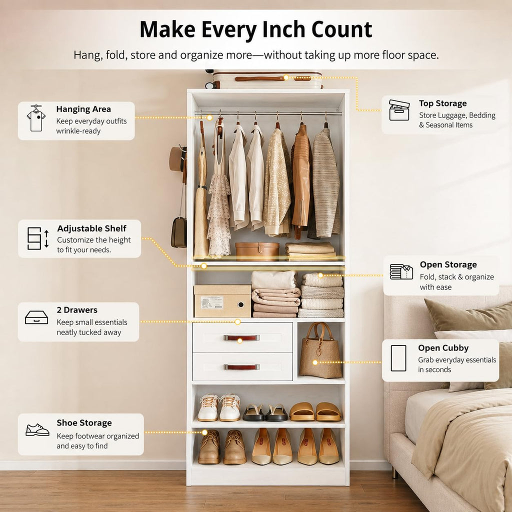 Closet Organizer System with 2 Drawers & Adjustable Shelves, 29.6"
