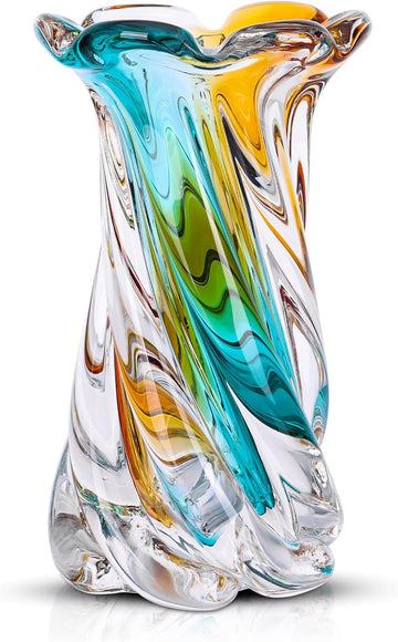 Hand Blown Glass Vase Clear, Beautiful Sea Glass Flower Vases for Bouquet