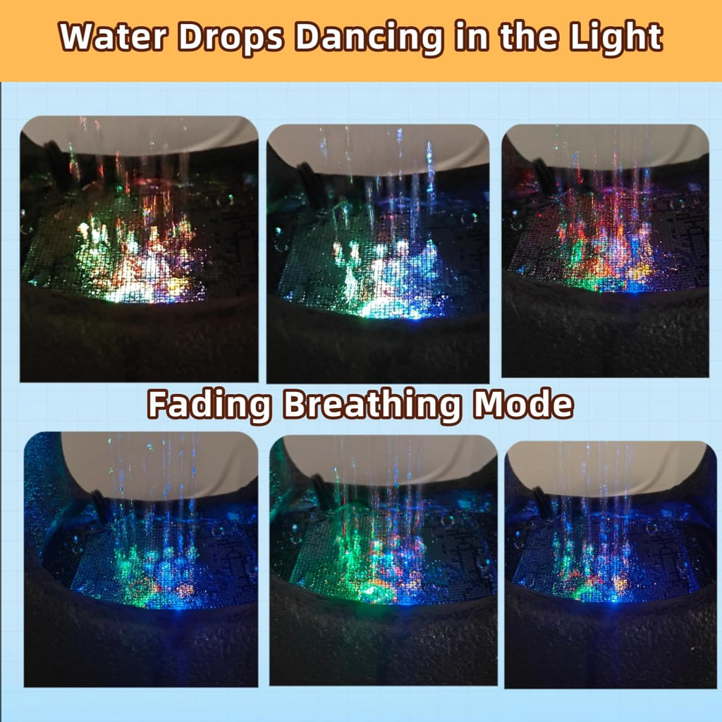 Tabletop Water Fountains, 7.8" Indoor Waterfall with 4-Color Relaxing Lights & Quiet Submersible Pump, Small Soothing
