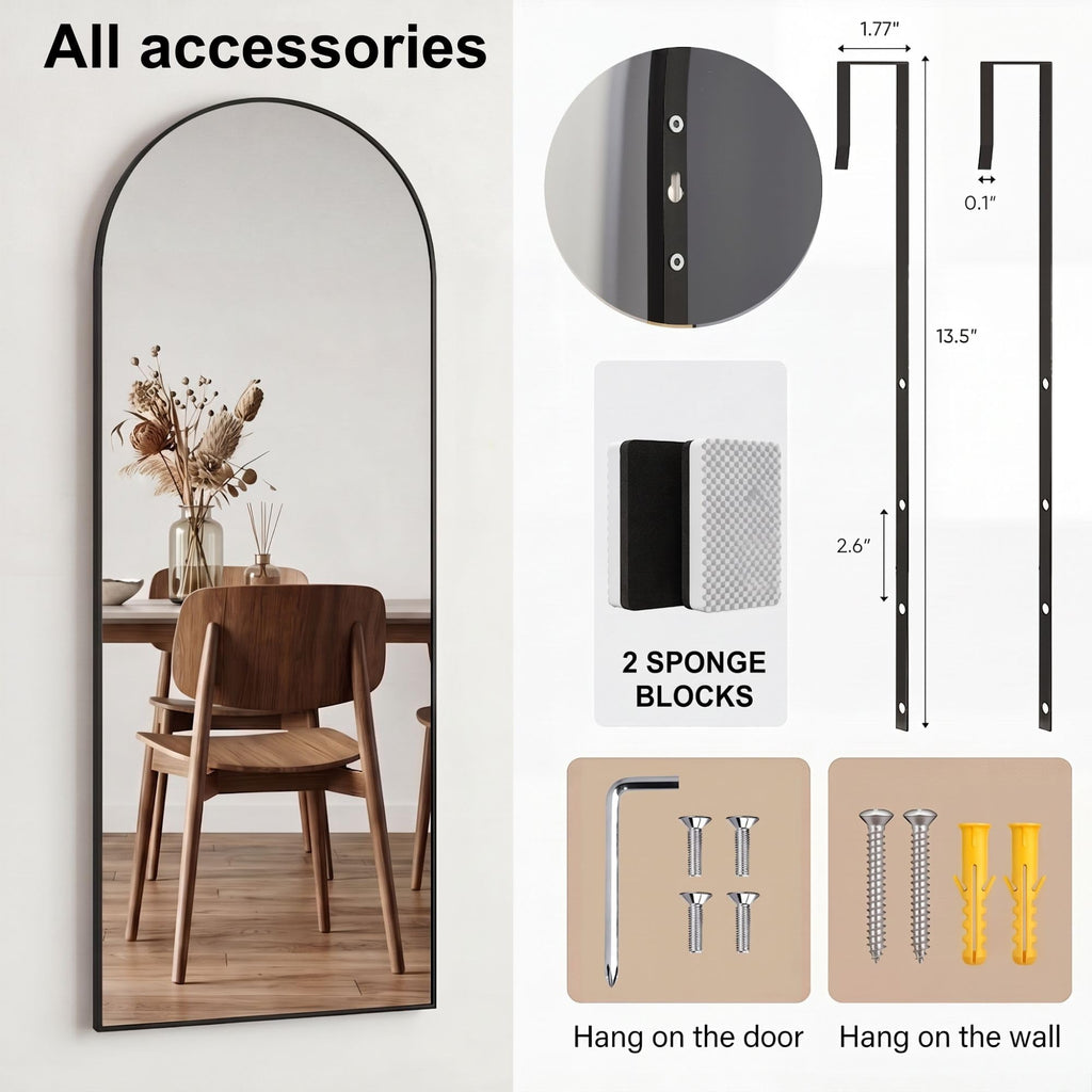 58"x20" Over The Door Mirror, Full Length Mirror with Stand, Black