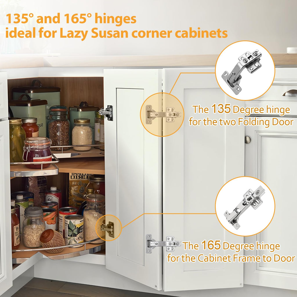 135 Degree Lazy Susan Hinge, 48mm Corner Kitchen Cabinet Hinges, Concealed, 3D Adjust for Corner Door, Cupboard