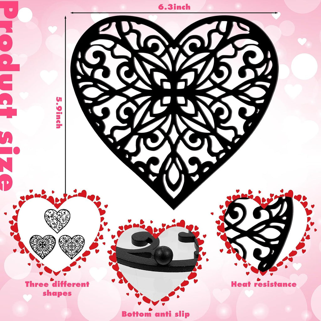 Heart Cast Iron Trivet for Hot Dishes Vintage Design, Black - Set of 3