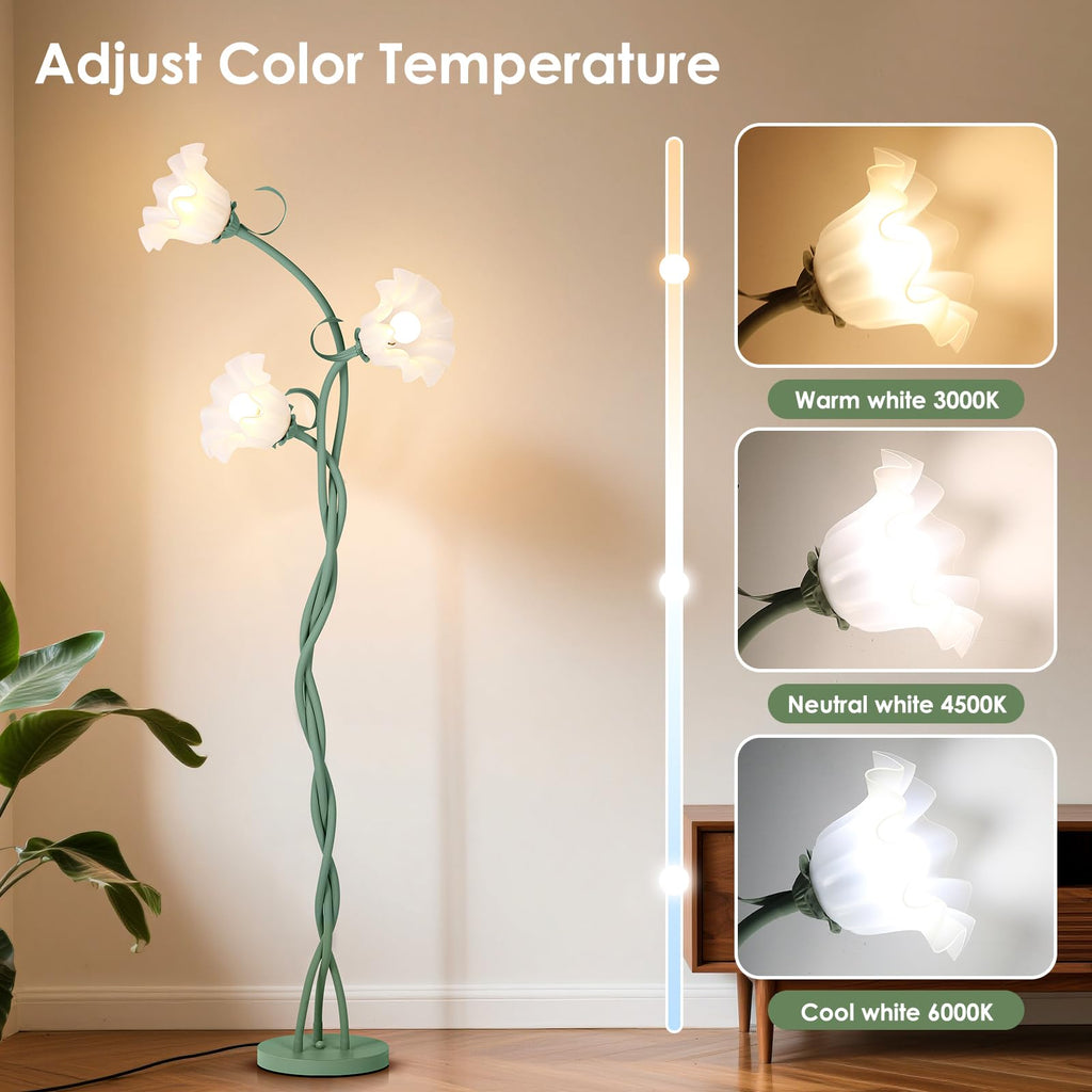Floor Lamp, 3 Lights Green Flower Lamp, Modern Tall Standing Lamp with 3 Color Temperatures Flexible Gooseneck, Mid