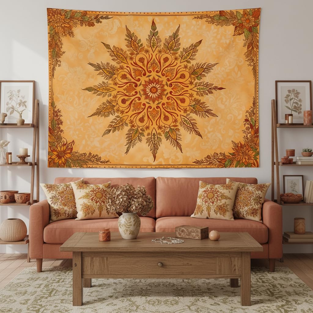 Boho Mandala Floral Tapestry Vintage Bohemian Indian Tapestries Aesthetic Retro Orange Yellow Flower Extra Large