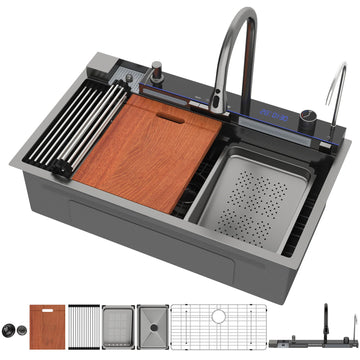 33 Inch Black Honeycomb Waterfall Drop in, 33x19 Inch Stainless Steel Workstation Sink 16 Gauge Topmount Single Bowl