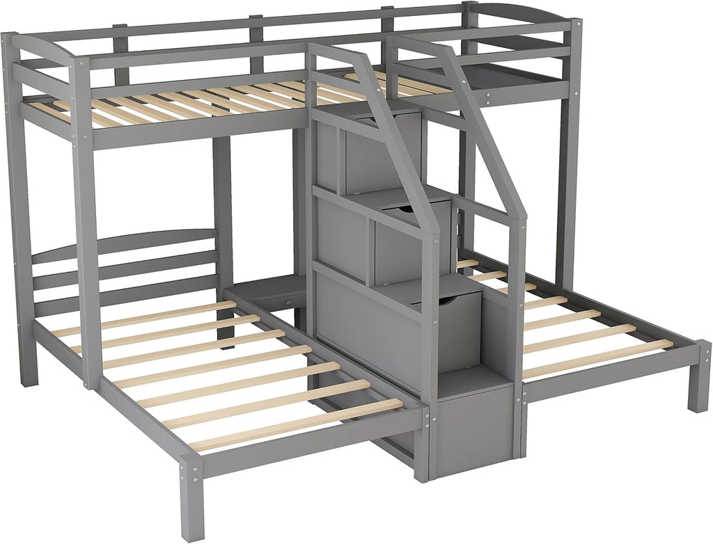 Triple Bunk Bed with Stairs and Storage Staircase, Twin Over Twin & Twin L-Shaped Bunk Bed for 3