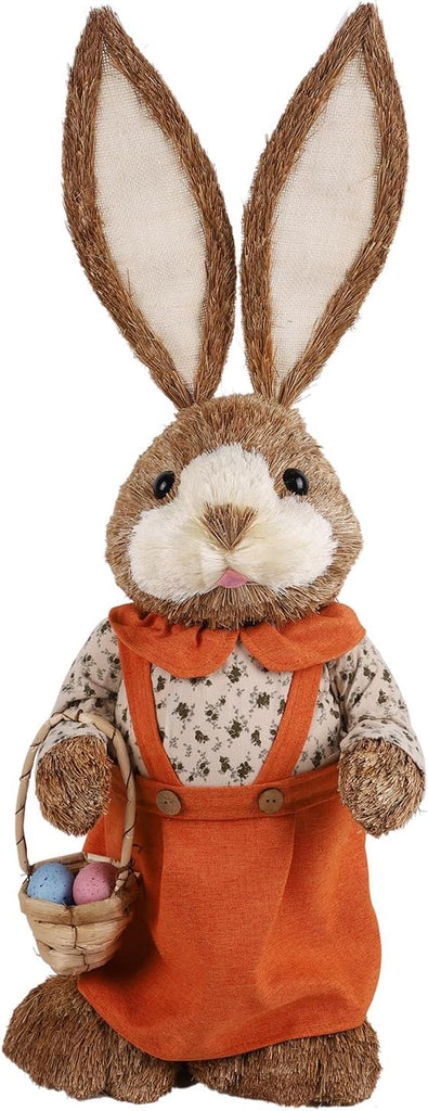 Easter Bunny Decor, 32"(2.6FT) Large Standing Sisal Rabbit Figurine, Handmade Easter Straw Mrs. Bunny Statues, Cute