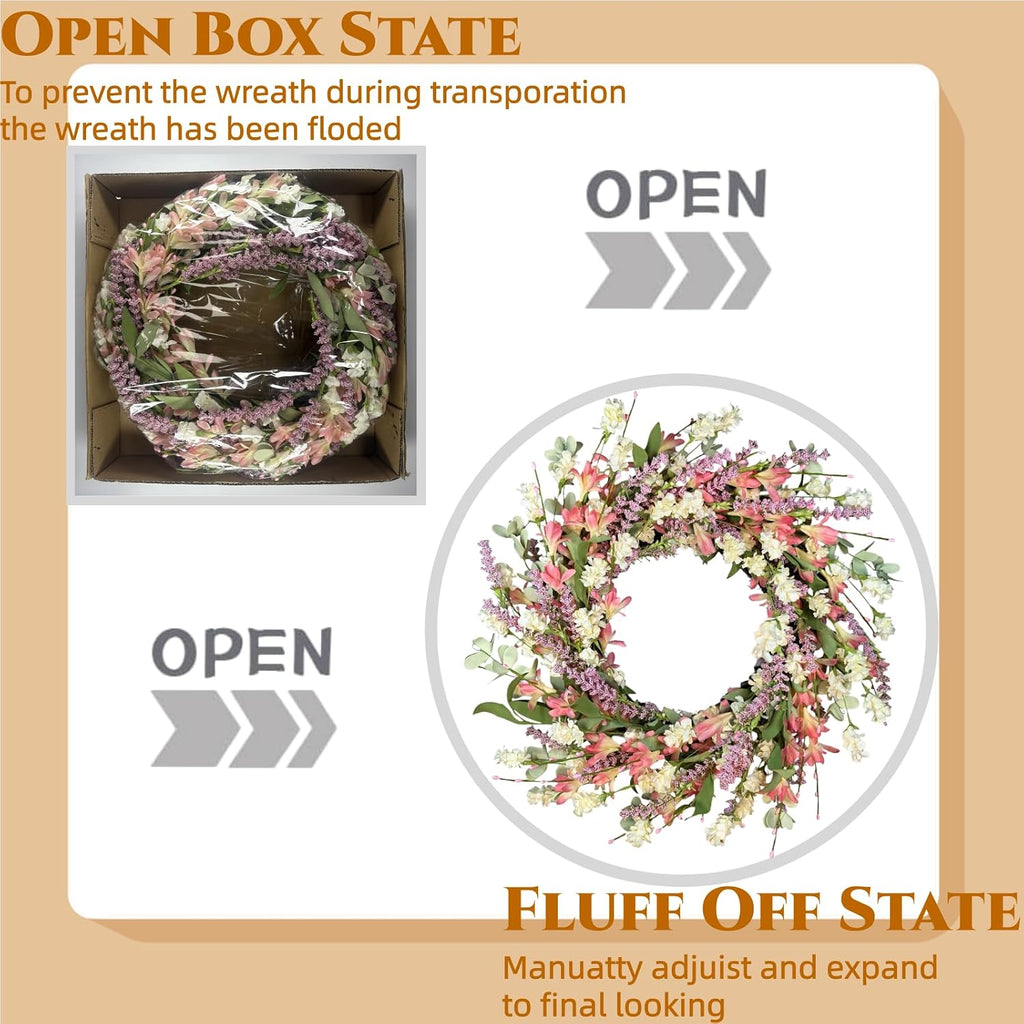 24 Inch Spring Summer Wreath for Front Door - with Colorful Flowers & Green Leaves - Indoor Outdoor Farmhouse Porch