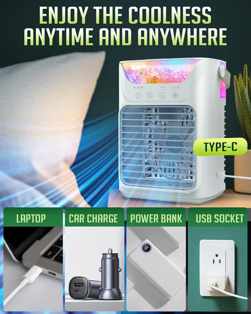 Portable Air Conditioners, 3 Wind Speeds & 7 LED Lights Evaporative Personal Air Cooler
