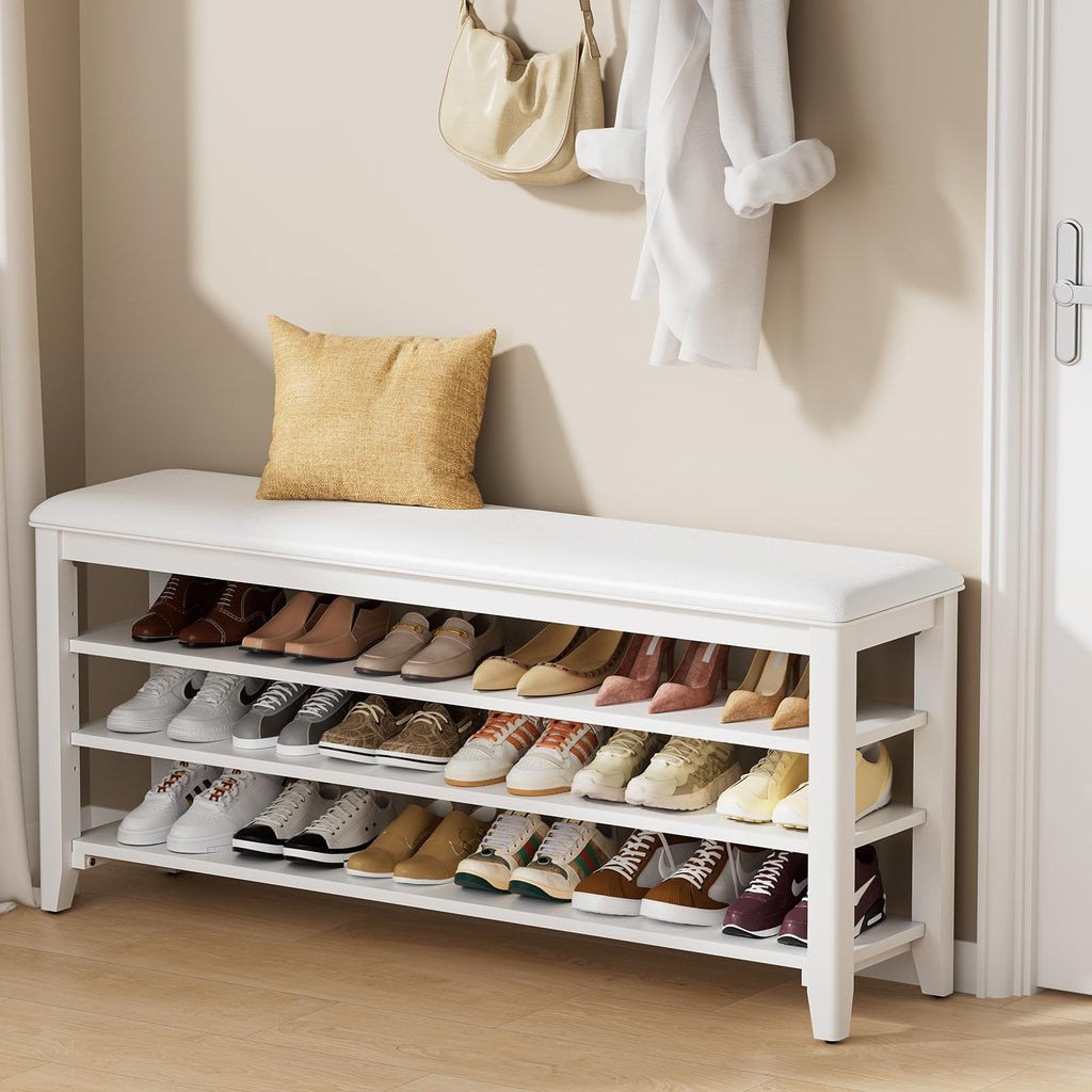 Shoe Rack Bench with 3 Tier Adjustable Shelves Rubberwood Entryway