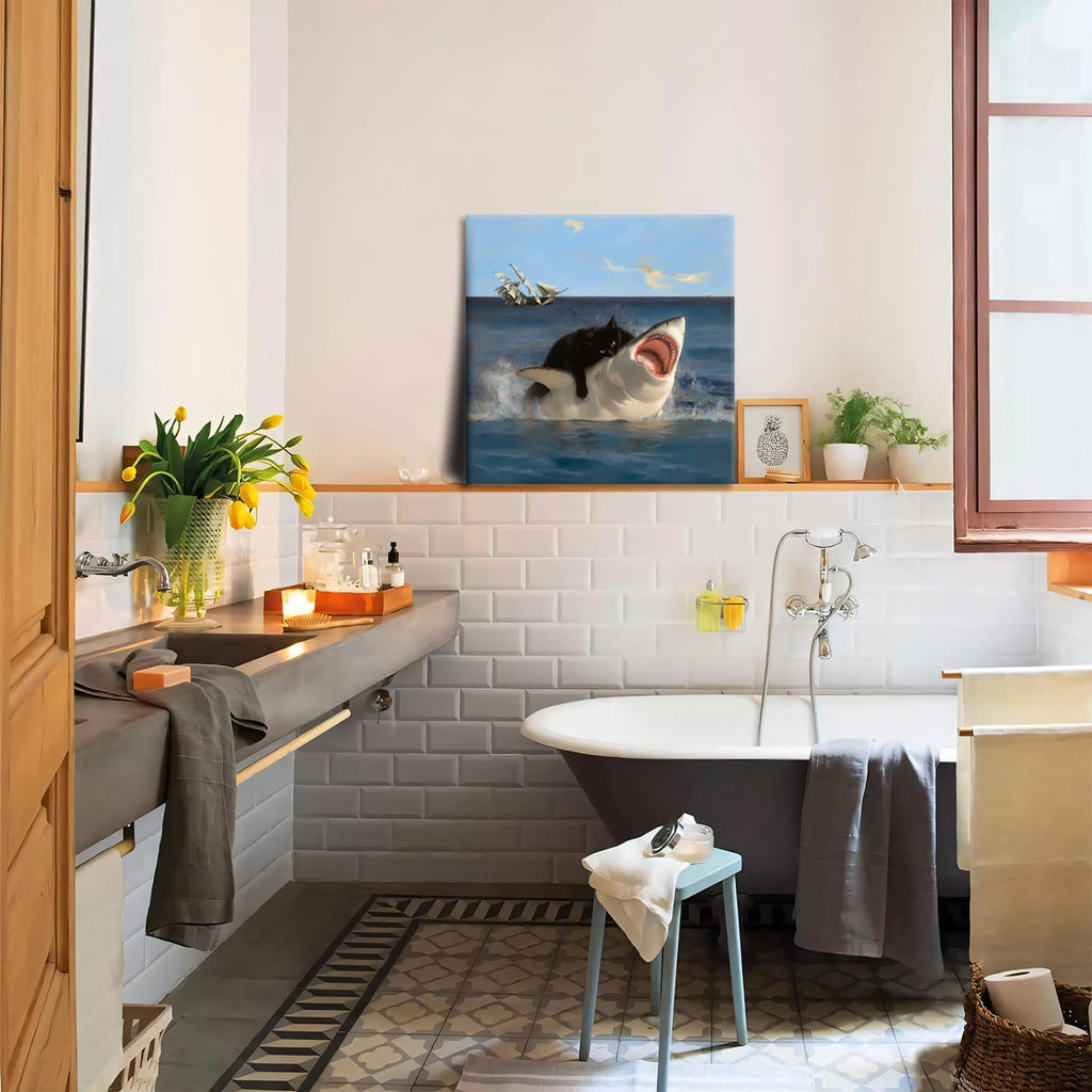 Framed Black Cat Bathroom Wall Art, Funny Quirky Cat and Shark Pictures Canvas Print, Abstract Black Cat Shark